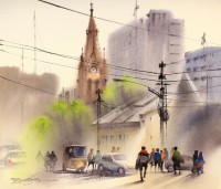 Sarfraz Musawir, Tower Karachi, 13 x 15 Inch, Watercolor on Paper, Cityscape Painting, AC-SAR-161